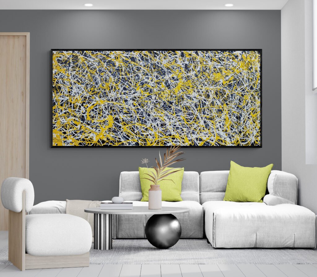 Abstract painting in yellow and white hues adorning a contemporary living room with a white sectional sofa and modern accents