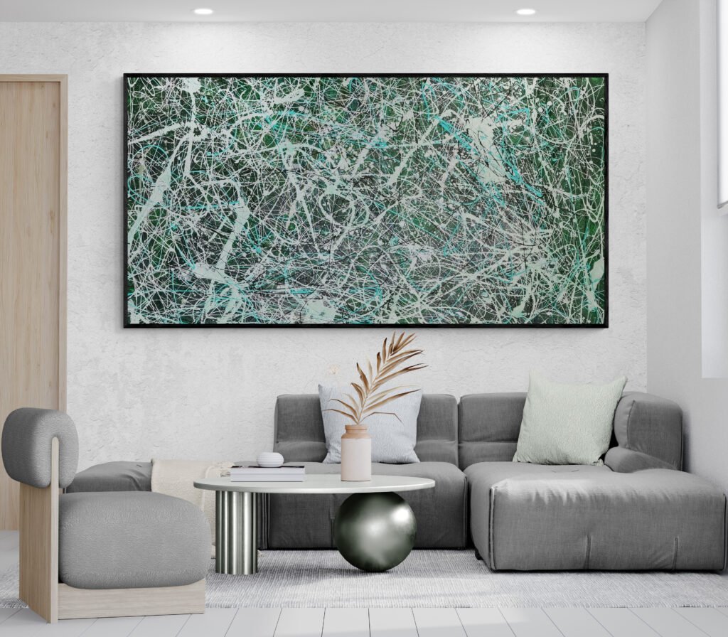 Green Jackson Pollock-style artwork 'Number 35' adorning a cozy living room with unique coffee table decor and muted tones