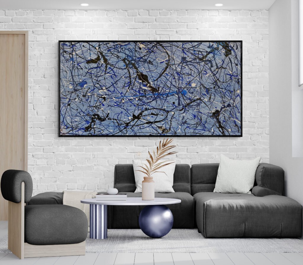 Number 14 – Blue Jackson Pollock-style abstract art enhancing a contemporary living room with gray and white tones