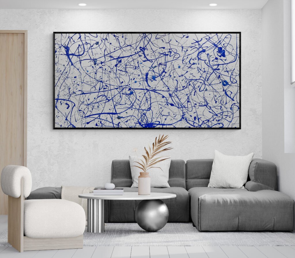 Abstract artwork "Number 5" in bold blue and pearl tones, enhancing a modern living room with unique decor