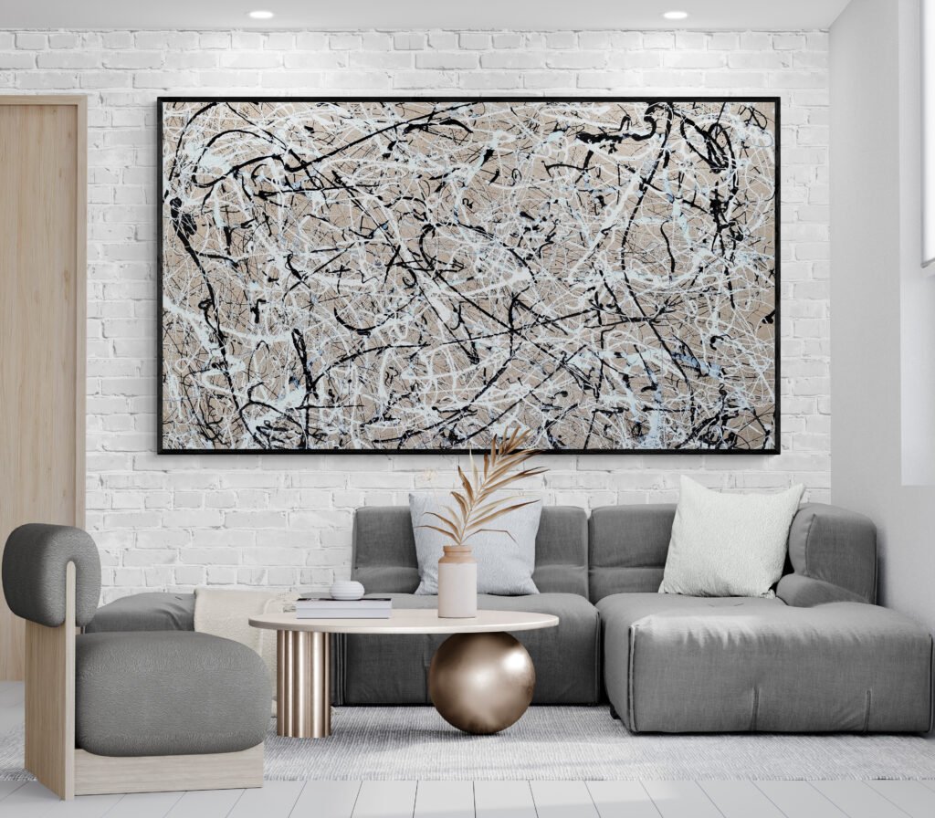 Number 4 – Jackson Pollock Style Soft Sand artwork showcased in a modern living room with a unique coffee table