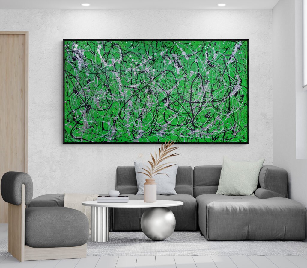 Number 18, Jackson Pollock Style Green Abstract Canvas in a cozy living room featuring a unique coffee table and gray furniture