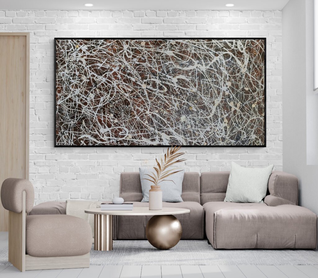 Number 15 – Abstract Brown and White Artwork adding a sophisticated touch to a neutral living room with unique decor and a minimalist coffee table