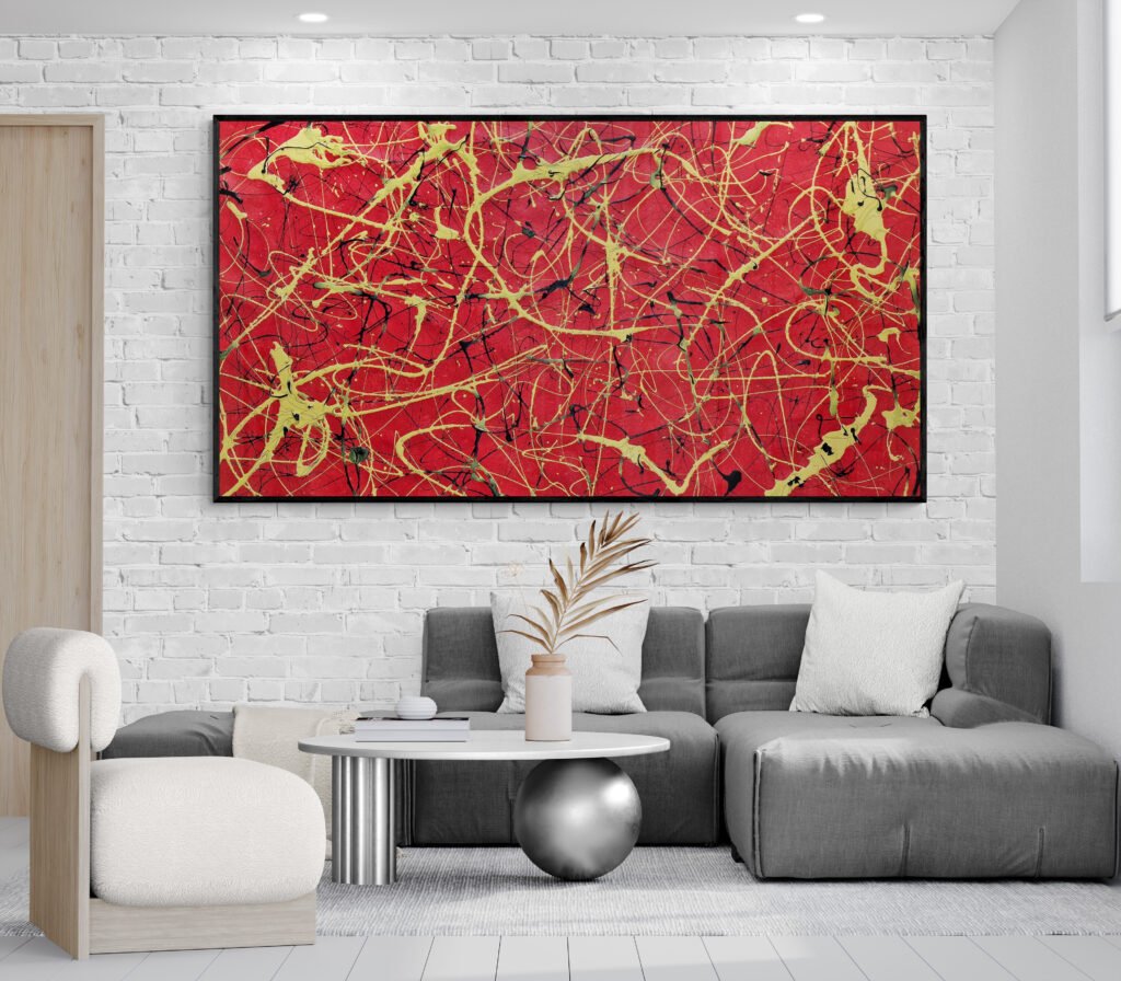 Number 13 – Abstract canvas with red background and yellow splashes, enhancing a modern living room with unique coffee table decor