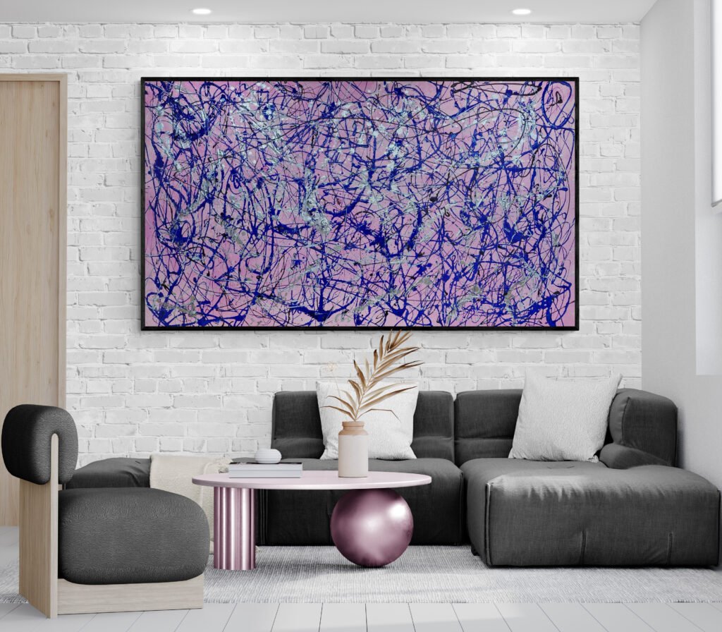 Number 29 – Jackson Pollock Style Pink Abstract Canvas enhancing a cozy living room with a unique coffee table and modern decor