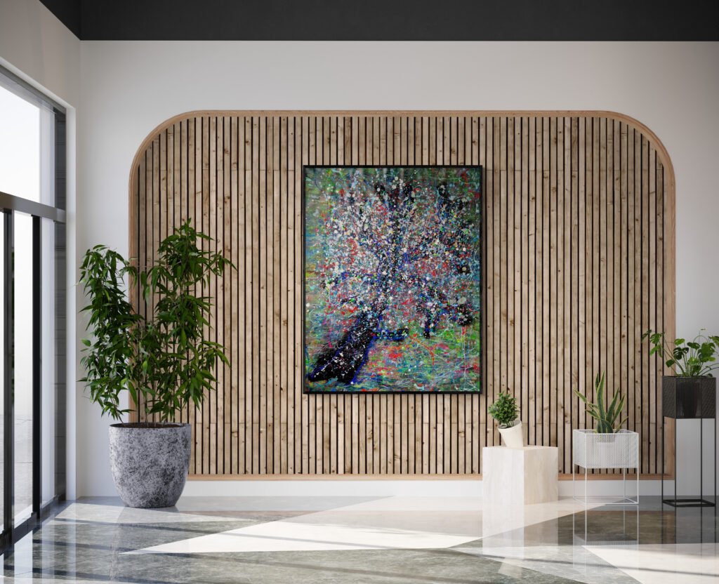 Treek: Unique Jackson Pollock Style Tree Art featured on a stylish wood-paneled wall in a bright and modern lobby