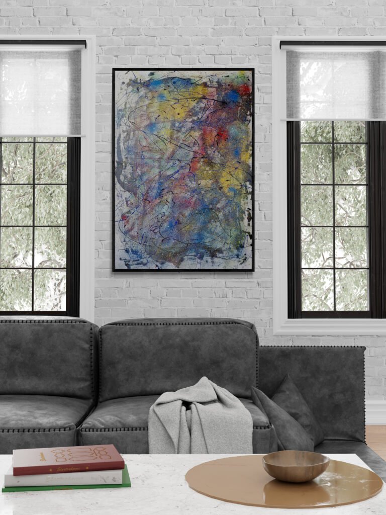 Mirok abstract painting beautifully enhancing a gray-toned living room with a brick wall and natural light