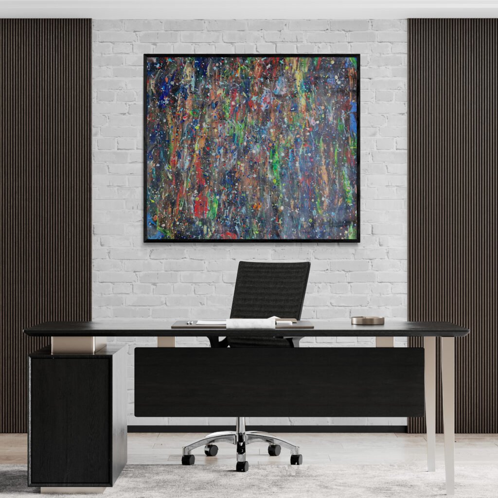 Krain canvas art in a sleek office setting, mounted on a white brick wall, adding a burst of colorful abstraction to the minimalist space