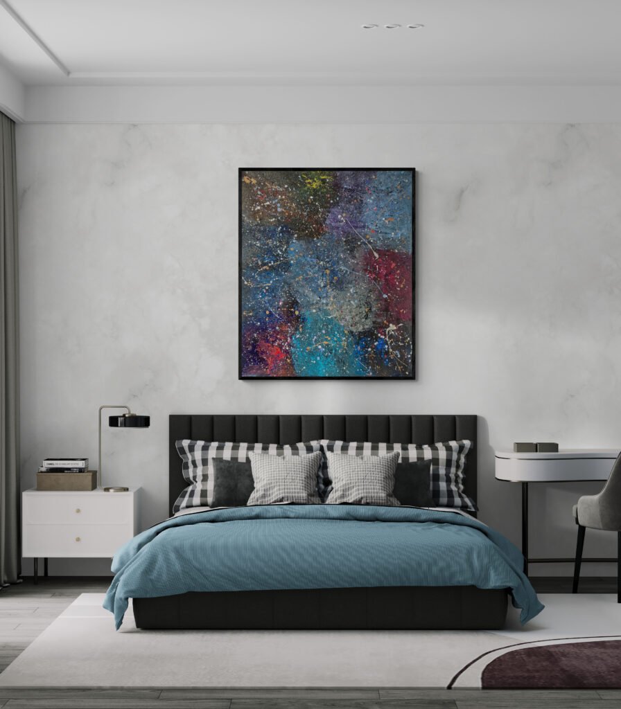 Nebula: Vibrant Pollock Style Canvas decorates a modern bedroom with a sleek black bed and high ceilings