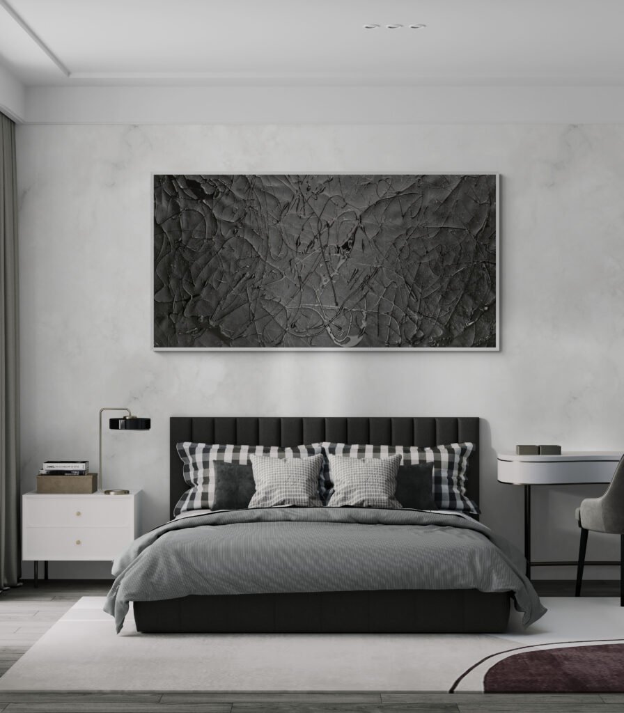 Number 00 – Jackson Pollock Style Abstract Artwork creating a dramatic focal point in a modern bedroom with high ceilings and sleek furnishings