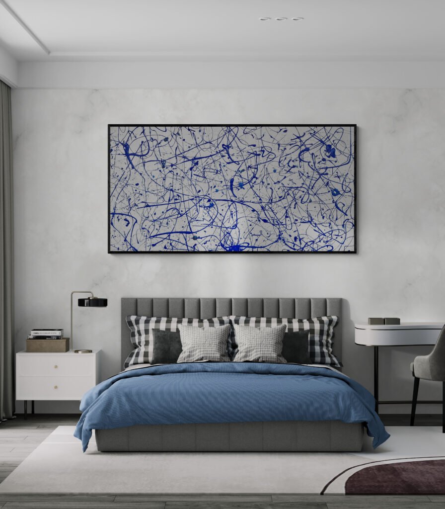 Number 5 - Blue and pearl abstract canvas adding sophistication to a contemporary bedroom with high ceilings