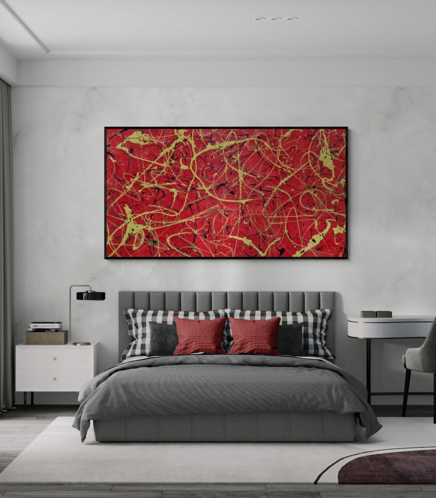 Jackson Pollock Style canvas, Number 13, featuring red, yellow, and black splashes, beautifully displayed in a contemporary bedroom