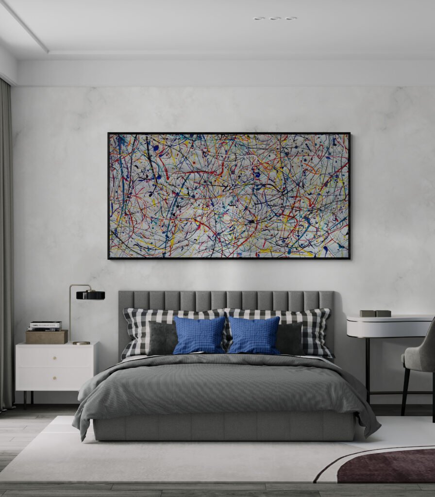 Abstract painting Number 23 in Jackson Pollock style decorating a modern bedroom with high ceilings