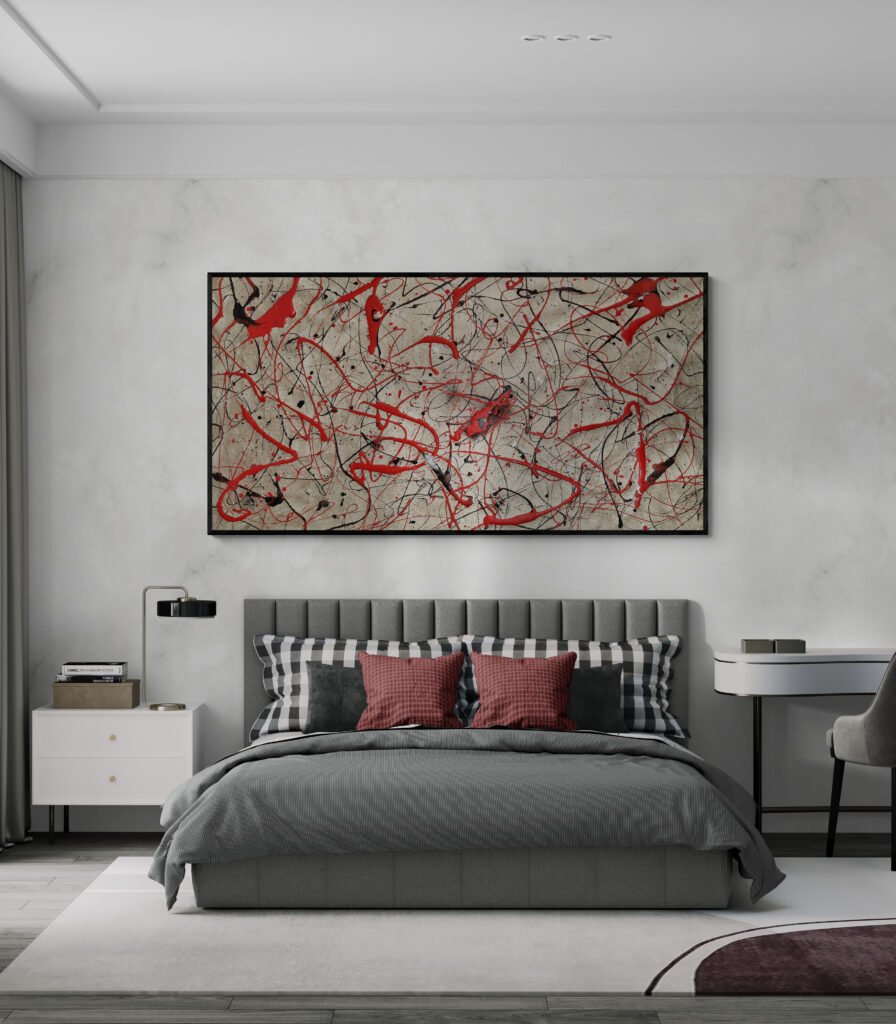 Number 72' artwork decorates a modern bedroom with gray and white tones, a high ceiling, and an elegant yet minimalistic design