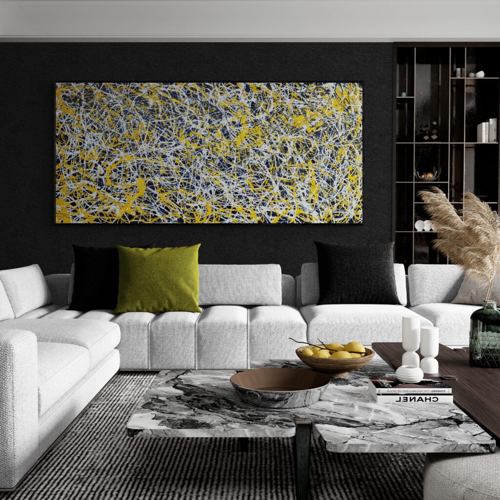 Bright yellow and white abstract painting mounted on a dark wall in a luxurious living room with a marble coffee table and elegant decor