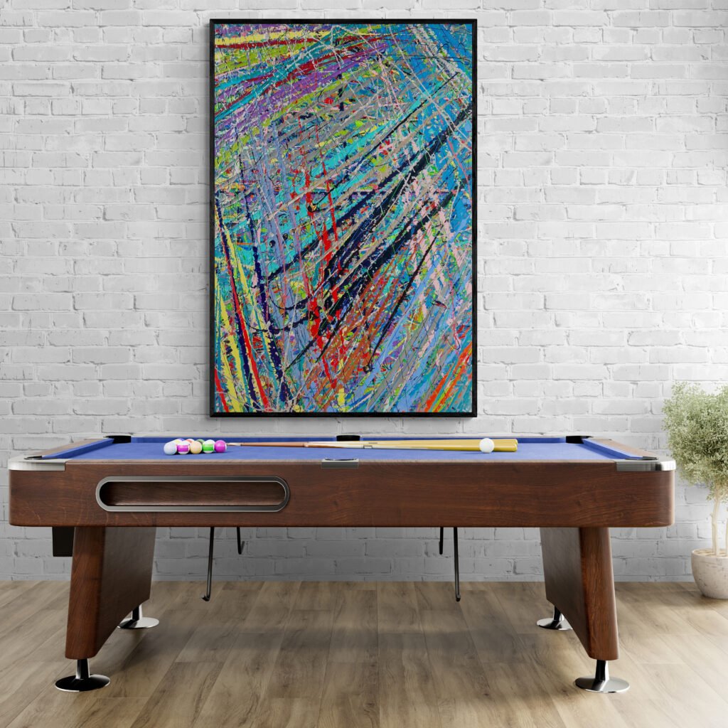 Storm vibrant abstract canvas in a recreation room, mounted above a stylish pool table with a brick wall background