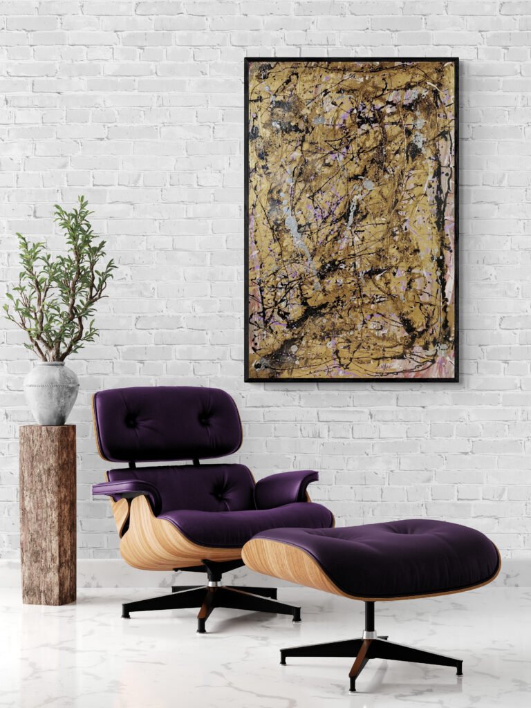 Abstract gold canvas artwork 'Purplegold' paired with a luxurious purple armchair and ottoman in a contemporary room with white brick walls