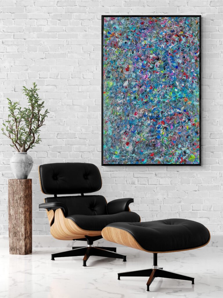 Balk abstract painting adorning a modern room with a stylish chair and matching footstool for a refined aesthetic