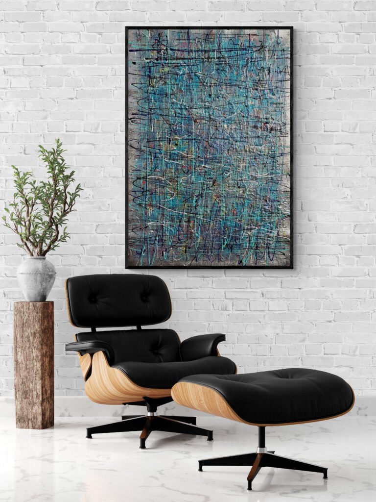 Snowkrom' Drip Art Canvas on display in a stylish reading nook with a designer chair and footstool, emphasizing modern sophistication