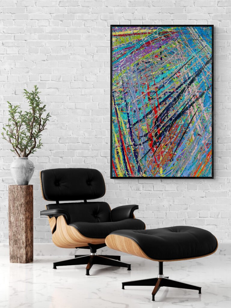 Storm Pollock-inspired abstract painting with vibrant colors, hanging above a classic modern lounge chair and footstool, set against a white brick wall