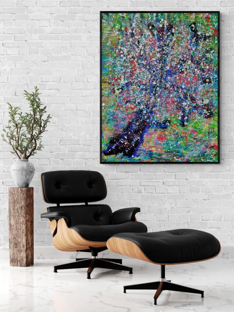 Treek: Jackson Pollock Style Tree Artwork mounted on a white brick wall above a modern lounge chair with a matching footstool