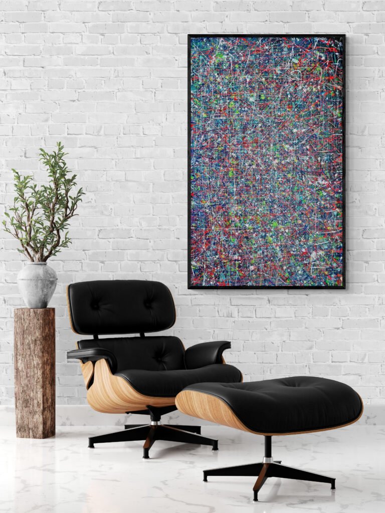 abstract painting adorning a white brick wall, perfectly complementing a stylish armchair and footstool in a cozy setting