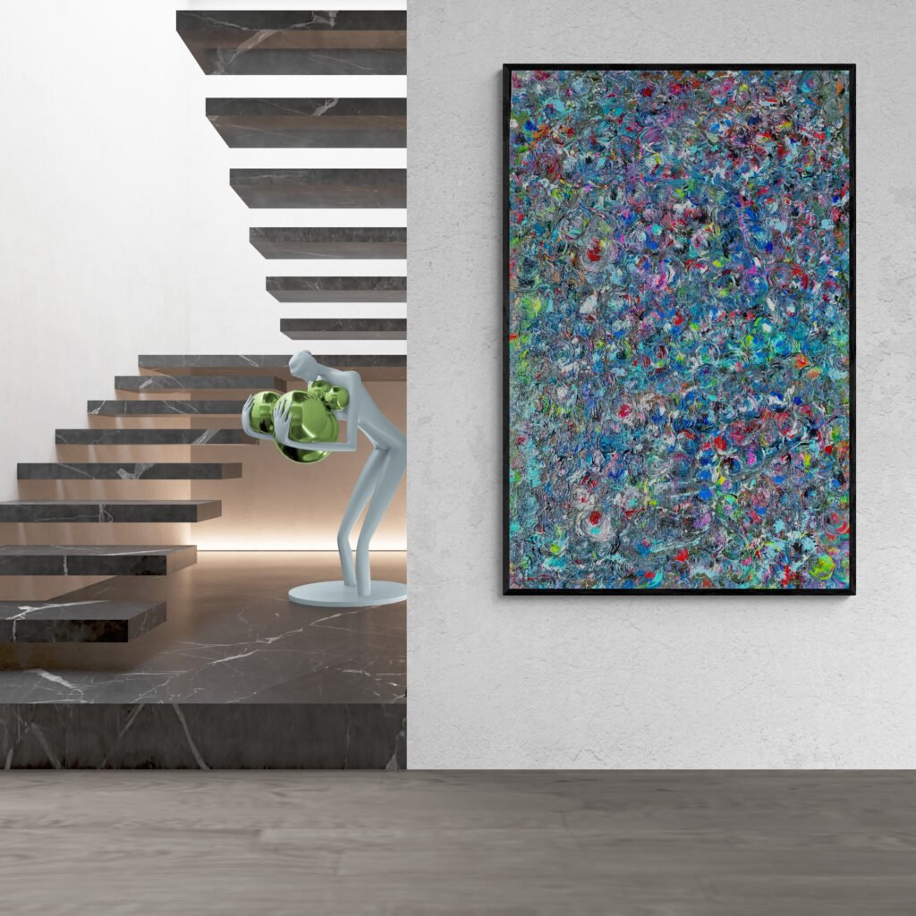 Abstract painting displayed near a contemporary marble staircase with a unique sculpture, adding an artistic flair