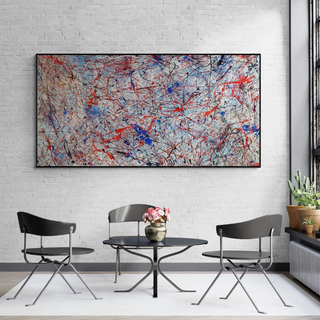 Number 20, Jackson Pollock Inspired Red and Blue Abstract Canvas hanging in a sunroom with modern chairs and natural light