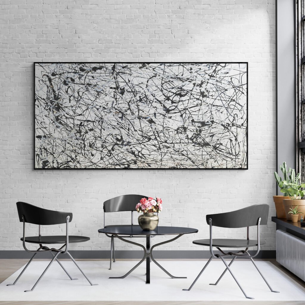 Number 7, monochrome Jackson Pollock-inspired abstract art, enhancing a sunroom with its minimalist black, gray, and white tones