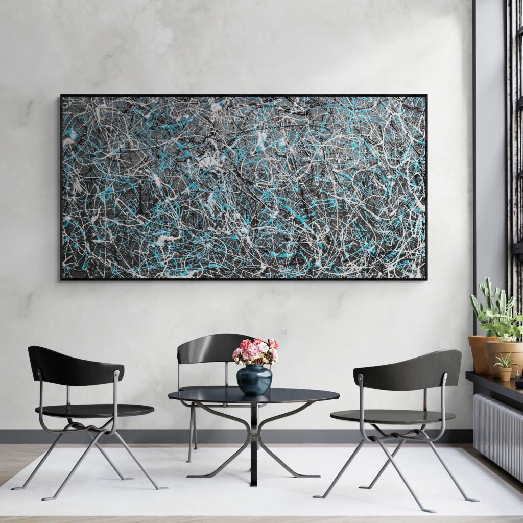 Number 27 displayed in a sunroom setting, surrounded by minimalist furniture, showcasing its bold abstract design with turquoise accents