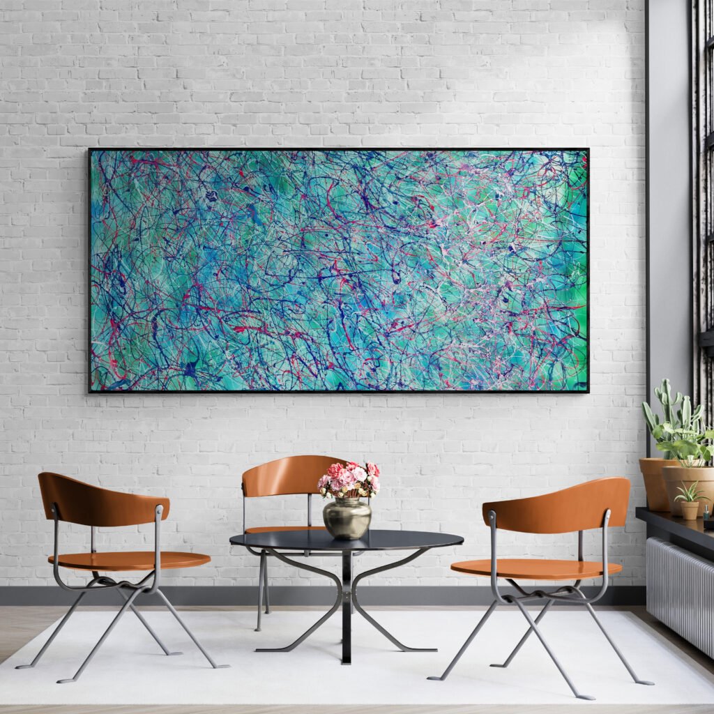 Horizontal tropical abstract painting displayed on a white brick wall, adding vibrant energy to a sunroom with chairs and a central table