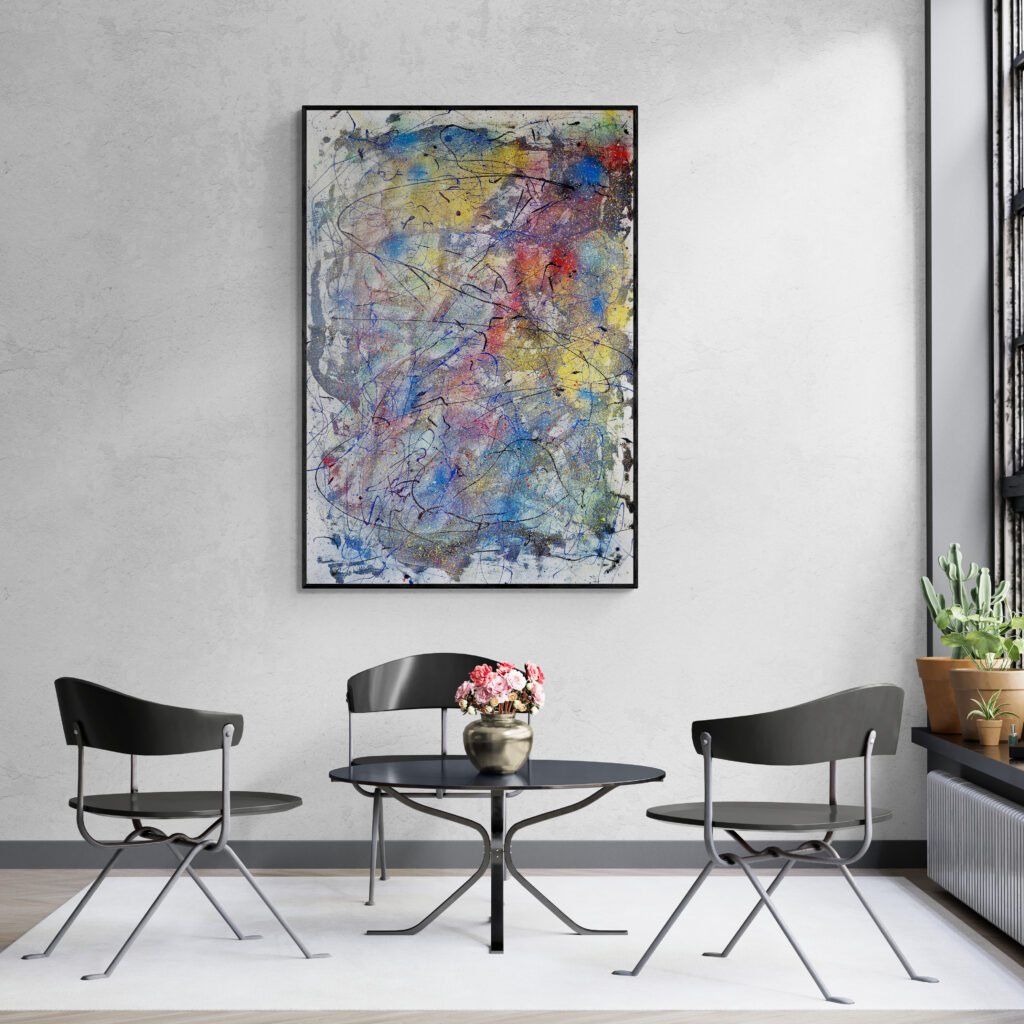 Mirok abstract canvas displayed in a sunroom with natural light and a minimalist table and chair setup