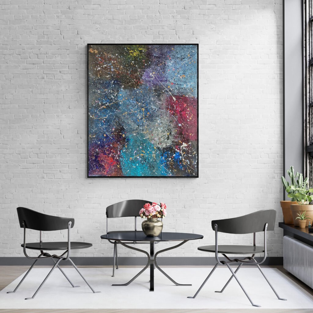 Nebula: Jackson Pollock Style Canvas adding vibrance to a modern sunroom with a black-and-white aesthetic and natural light