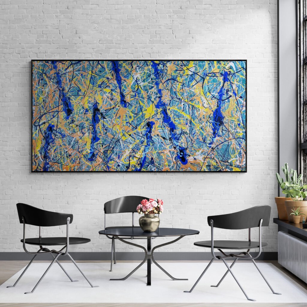 Number 11 abstract painting enhancing the ambiance of a bright sunroom with minimalist furniture and natural light