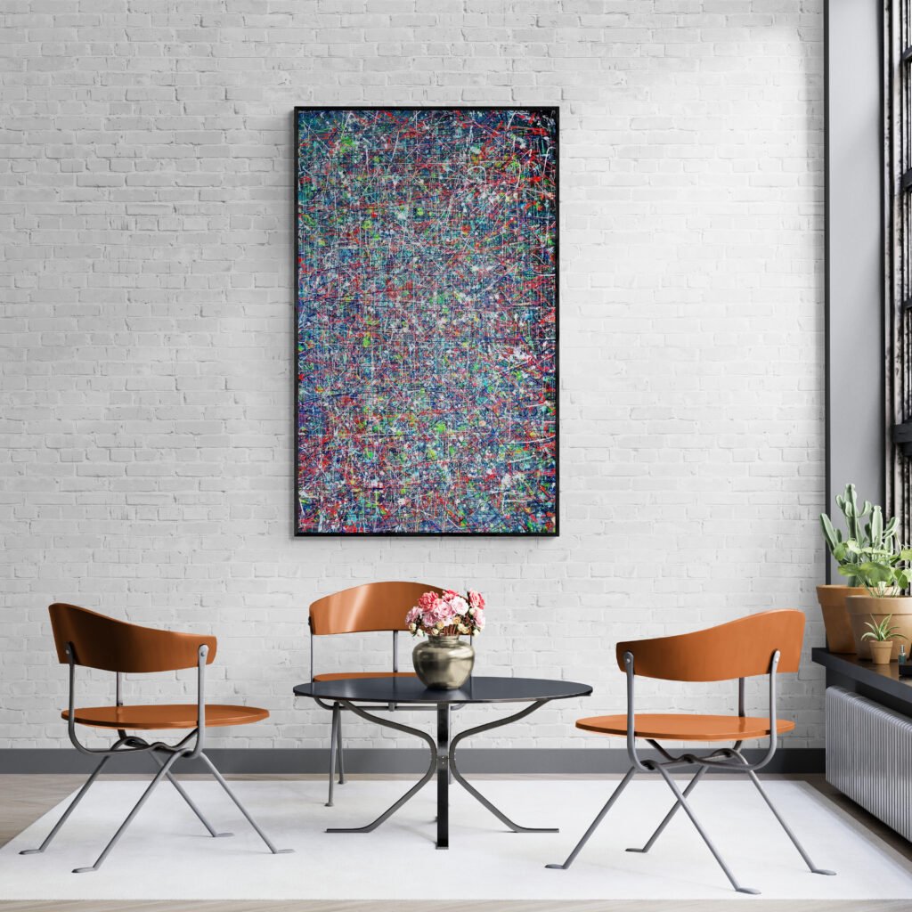 Kross artwork adding a bold touch to a sunroom with natural lighting, creating a perfect blend of modern art and elegant decor