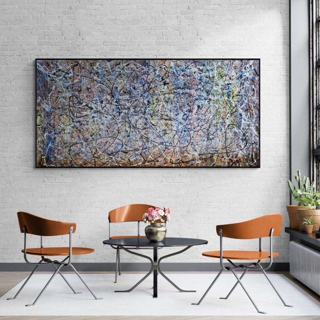 Number 136 - Abstract art canvas beautifully placed in a sunroom with natural light, paired with minimalist furniture and lush greenery