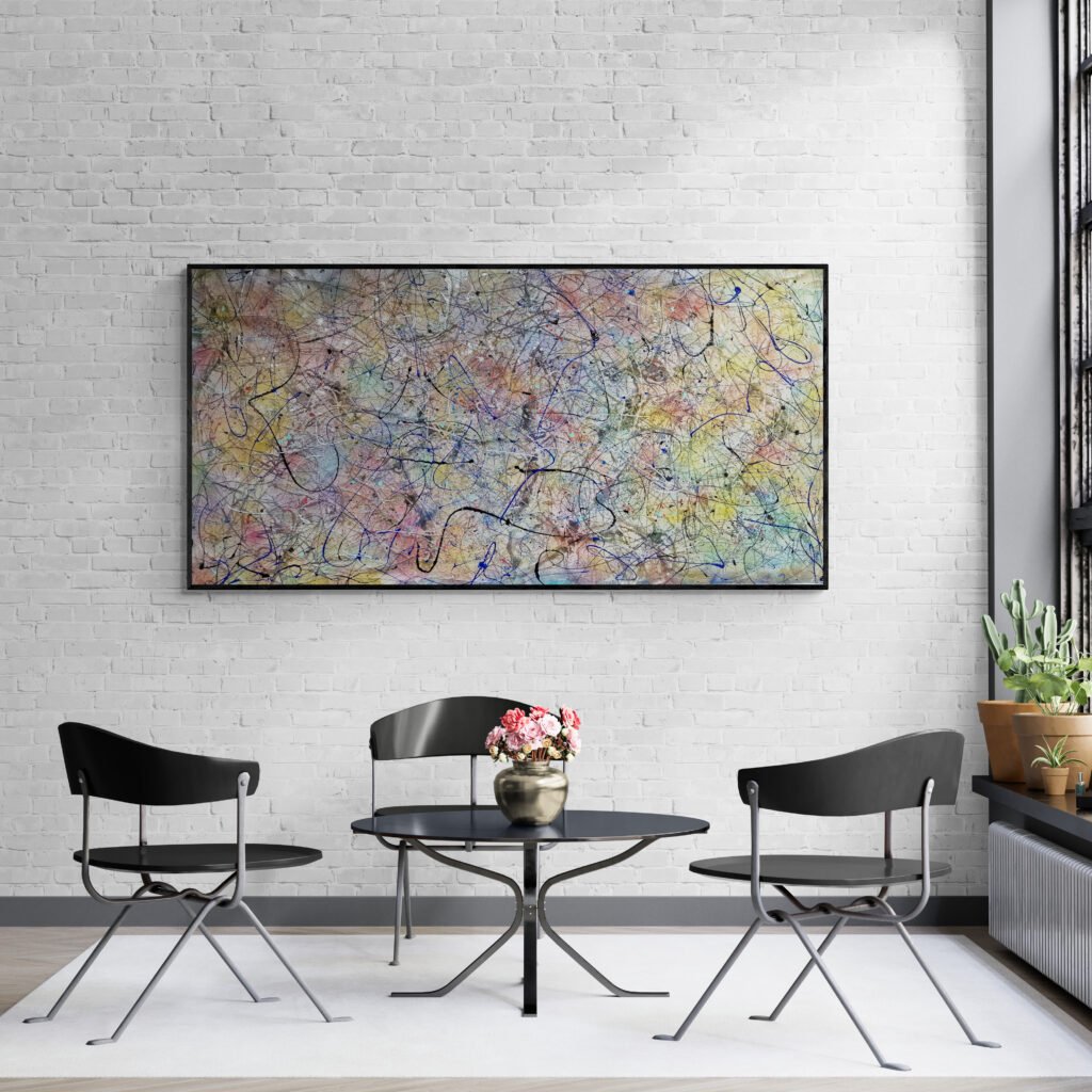 Number 199 abstract artwork illuminating a sunroom with natural light, surrounded by minimalist table and chairs