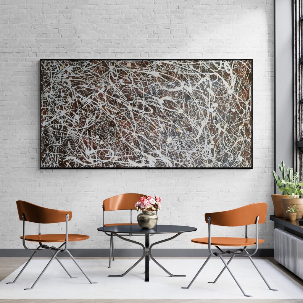 Number 15 – Artistic Brown Abstract Painting enhancing a sunlit living space with modern chairs and a central table