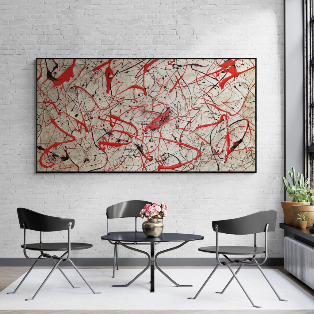 Number 72' artwork as a focal point in a bright sunroom with a white brick wall, a simple round table, and modern black chairs, surrounded by indoor plants