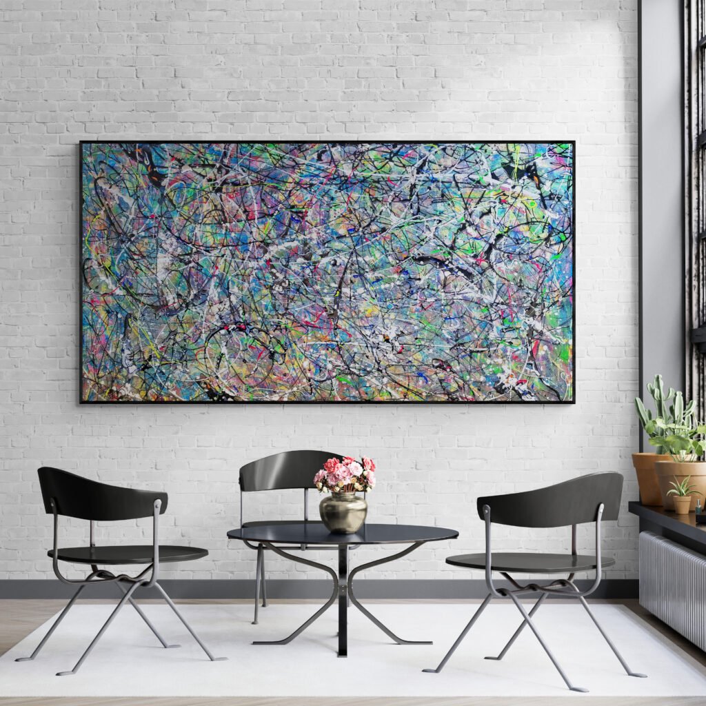 Number 90 - Artistic Centerpiece in a Contemporary Dining Area: A colorful abstract painting mounted on a white brick wall, complementing a modern dining space with black chairs and a glass-top table