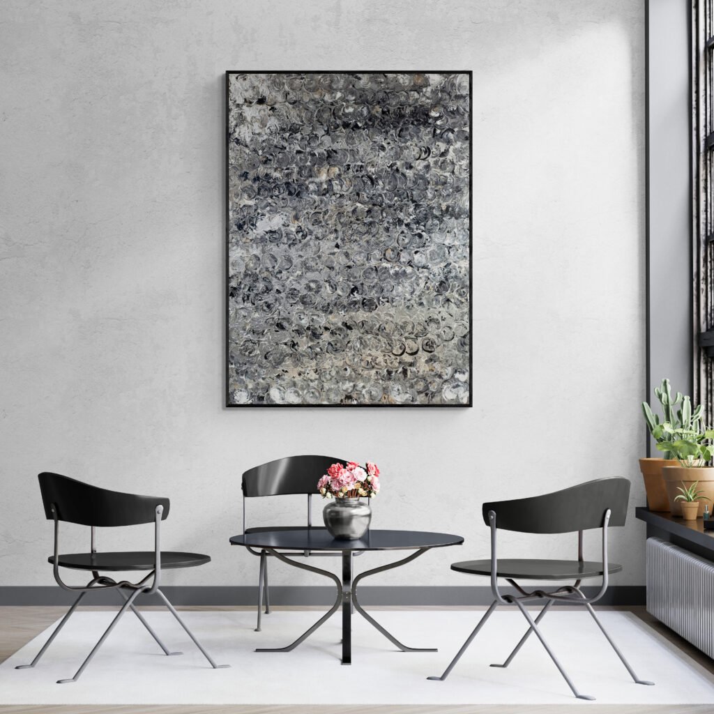 Abstract canvas complementing a bright sunroom with black chairs and a glass table, perfect for a refined setting