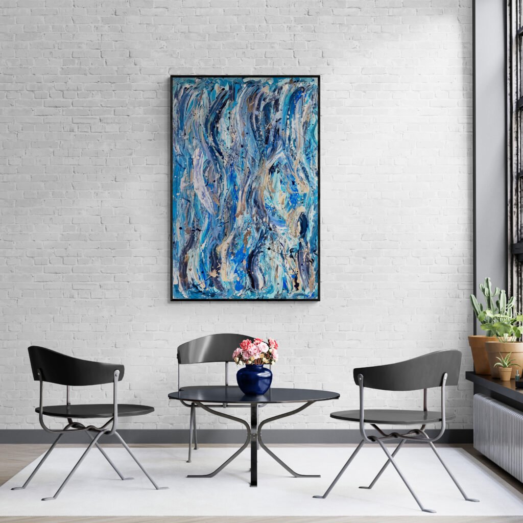 Atlantis Jackson Pollock Style Blue complementing a bright sunroom with sleek chairs and a glass table, creating an elegant ambiance