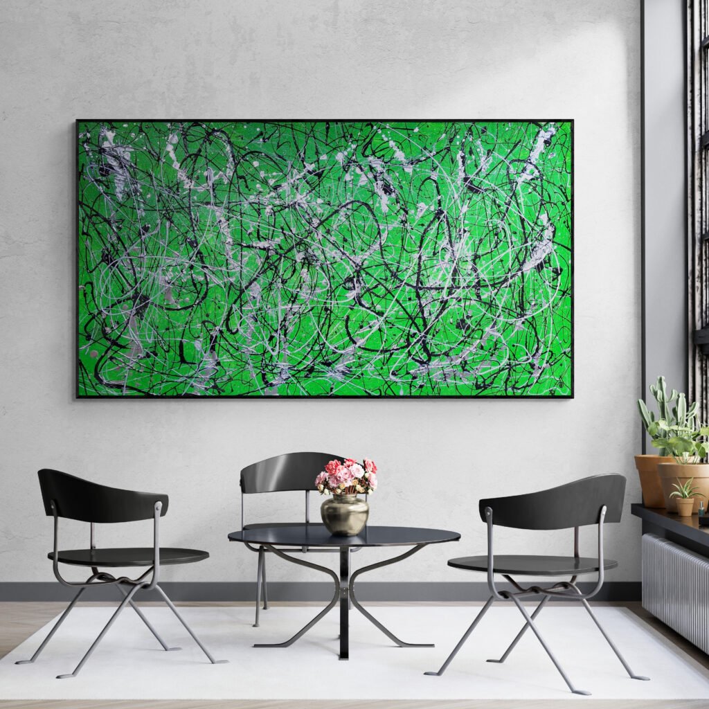 Number 18, Jackson Pollock Style Green Abstract Canvas hanging in a sunroom with a table and modern chairs, bathed in natural light