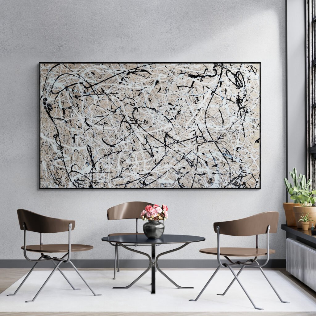 Number 4 – Jackson Pollock Style Soft Sand abstract canvas in a contemporary dining area with minimalist furniture