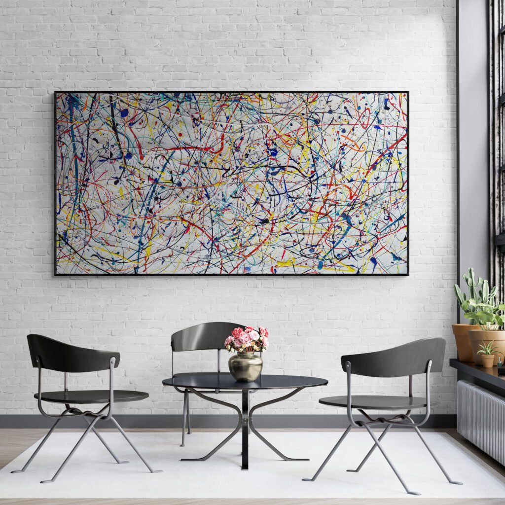 Abstract painting Number 23 in Jackson Pollock style brightening a sunroom with a table and chairs