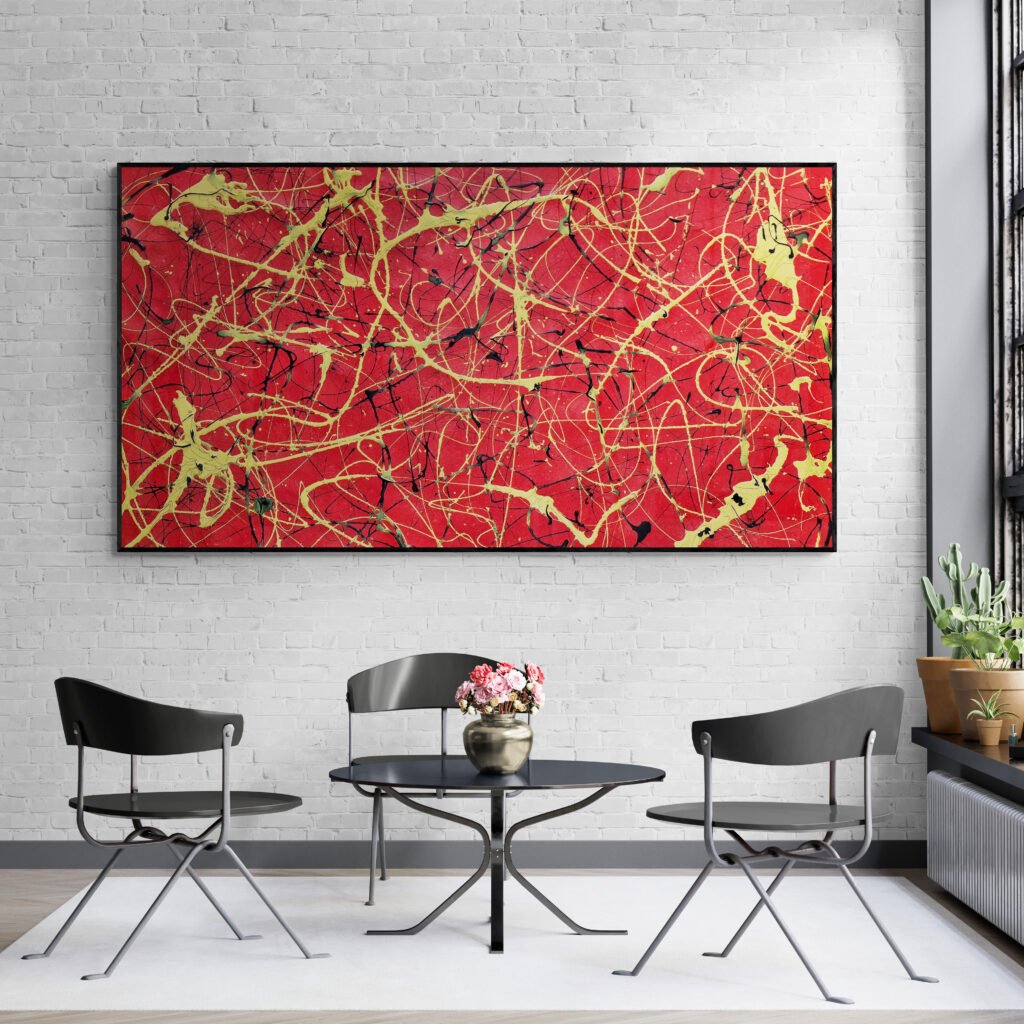 Number 13 – Red and yellow Jackson Pollock Style abstract artwork adding vibrancy to a sunroom with modern furniture