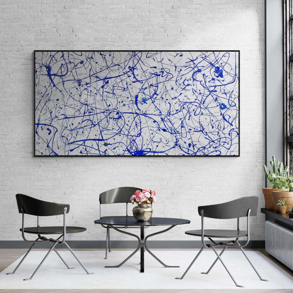 Jackson Pollock Style "Number 5" canvas in a sunroom setting, blending its bold blue and pearl palette with natural light