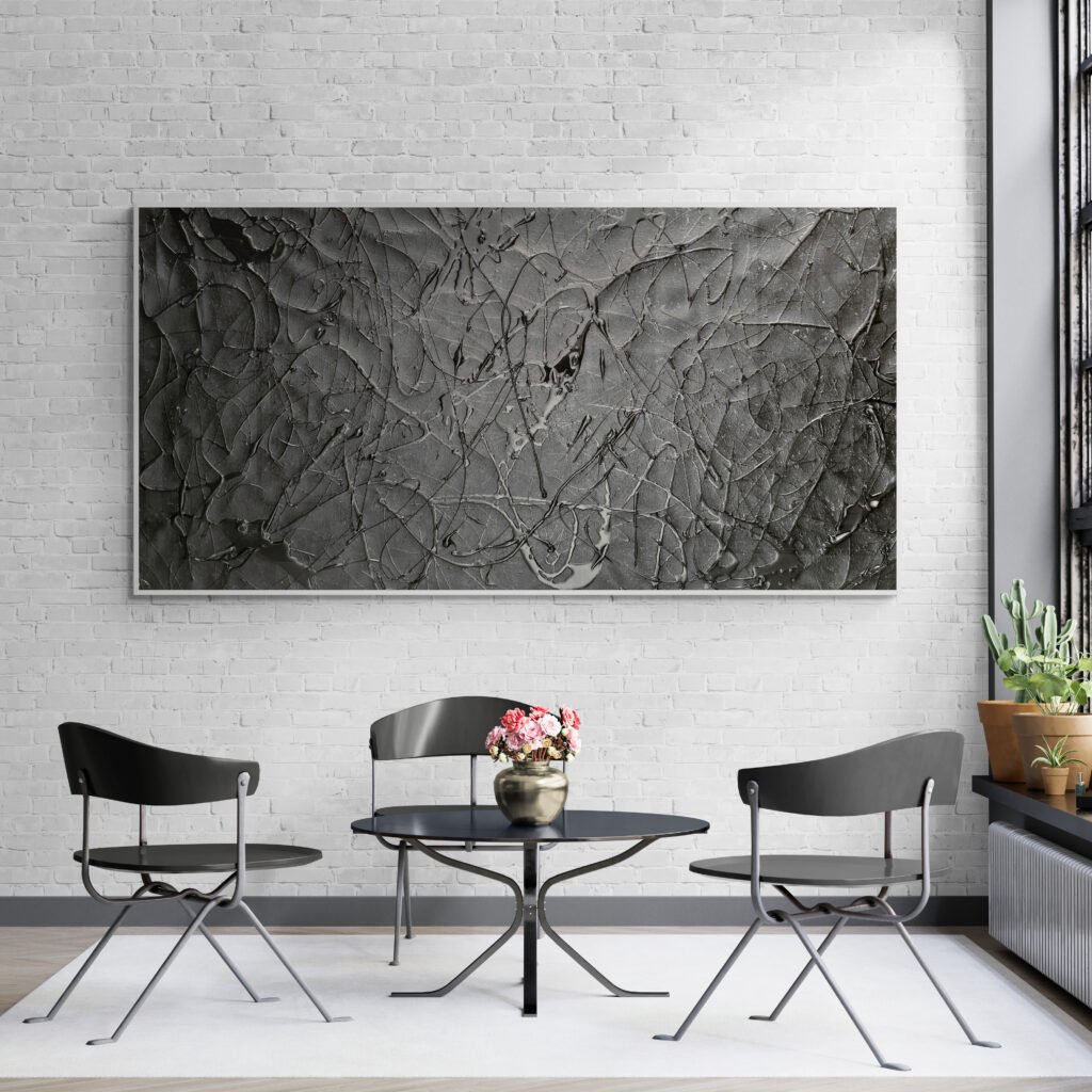 Number 00 – Black Abstract Art Canvas elegantly displayed in a sunroom, enhancing the decor with its bold and textured artistic design