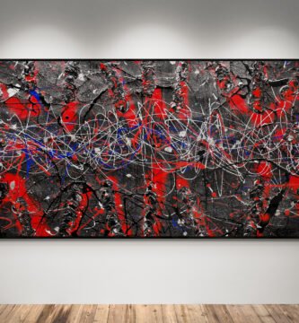 Large Jackson Pollock inspired canvas Number 66 mounted in a contemporary art gallery with wooden flooring and focused lighting.