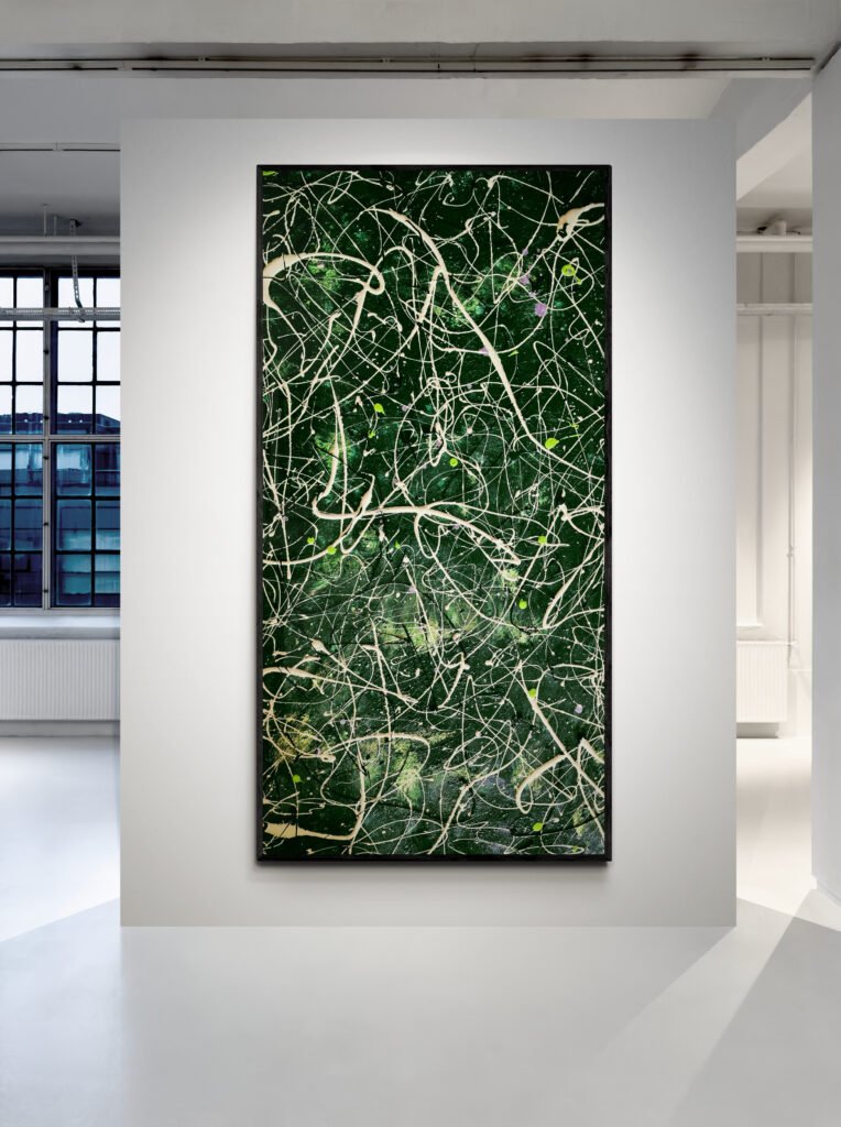 ‘Number 63’ displayed vertically in a bright modern art gallery, showcasing bold green tones with layered white and silver splatters.